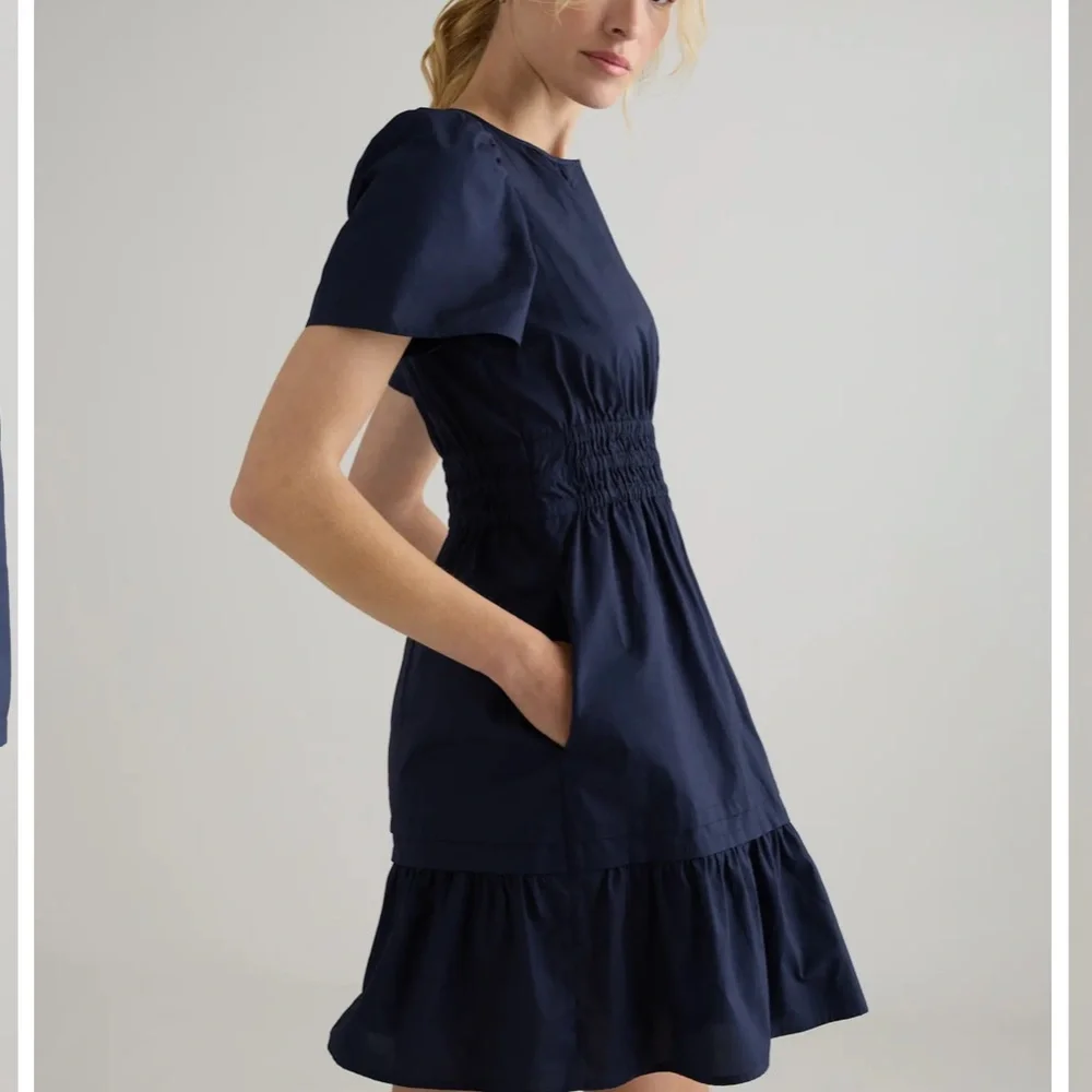 Quince Navy Short-Sleeve Smocked Waist Dress - Picture 3 of 3